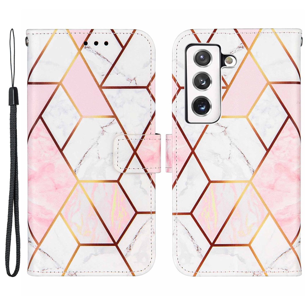 Splicing Marble Pattern PU Leather Stand Wallet Cover Magnetic Closure Flip Case with Strap for Samsung Galaxy S22 Plus - Pink/White-1