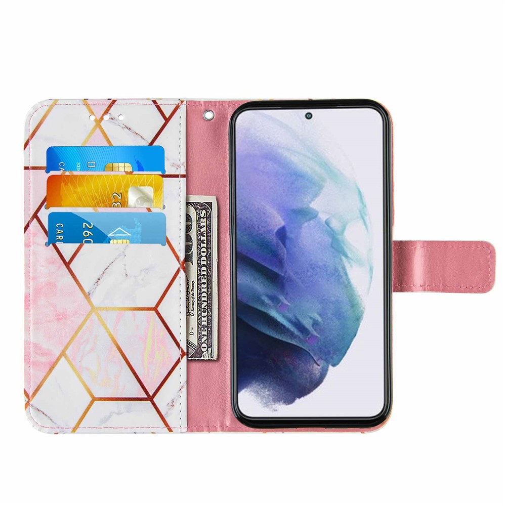 Splicing Marble Pattern PU Leather Stand Wallet Cover Magnetic Closure Flip Case with Strap for Samsung Galaxy S22 Plus - Pink/White-5