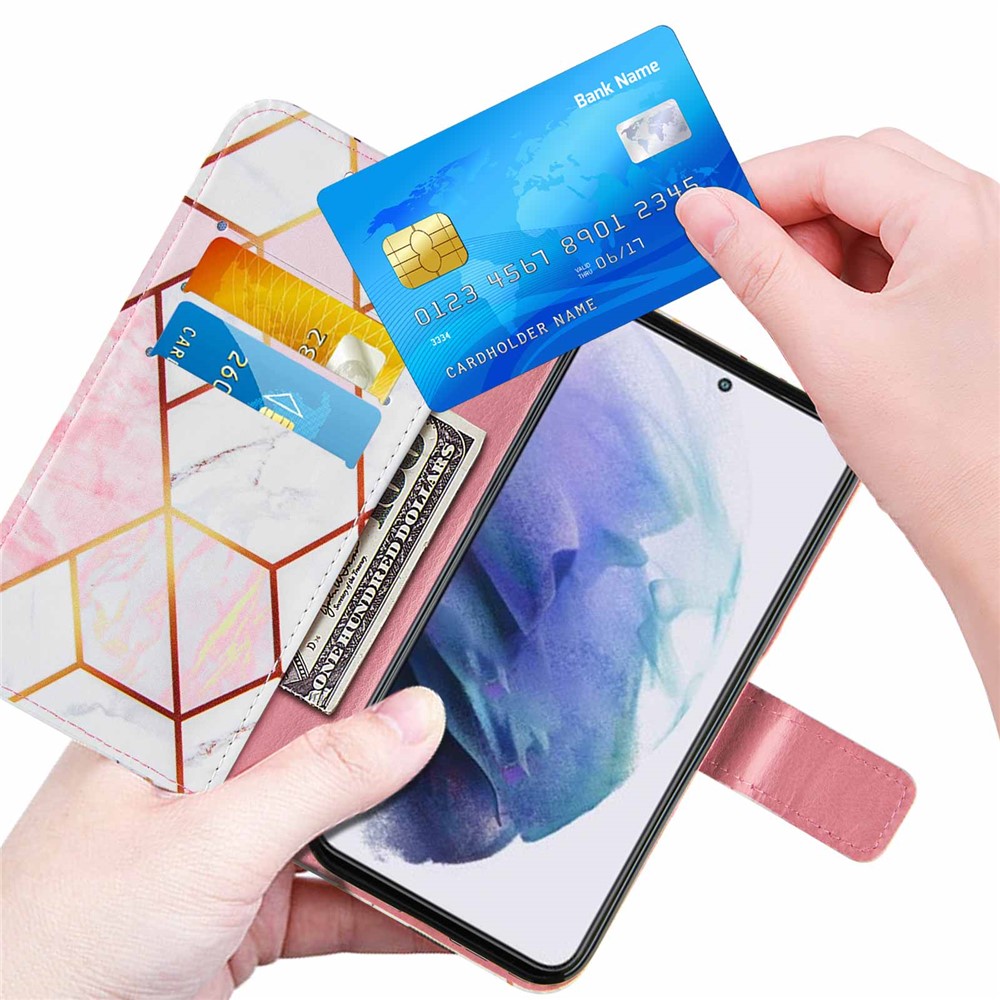 Splicing Marble Pattern PU Leather Stand Wallet Cover Magnetic Closure Flip Case with Strap for Samsung Galaxy S22 Plus - Pink/White-6