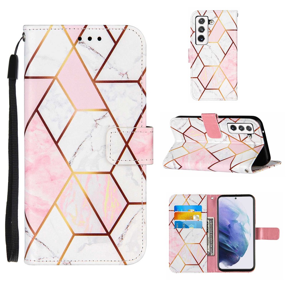 Splicing Marble Pattern PU Leather Stand Wallet Cover Magnetic Closure Flip Case with Strap for Samsung Galaxy S22 Plus - Pink/White-9