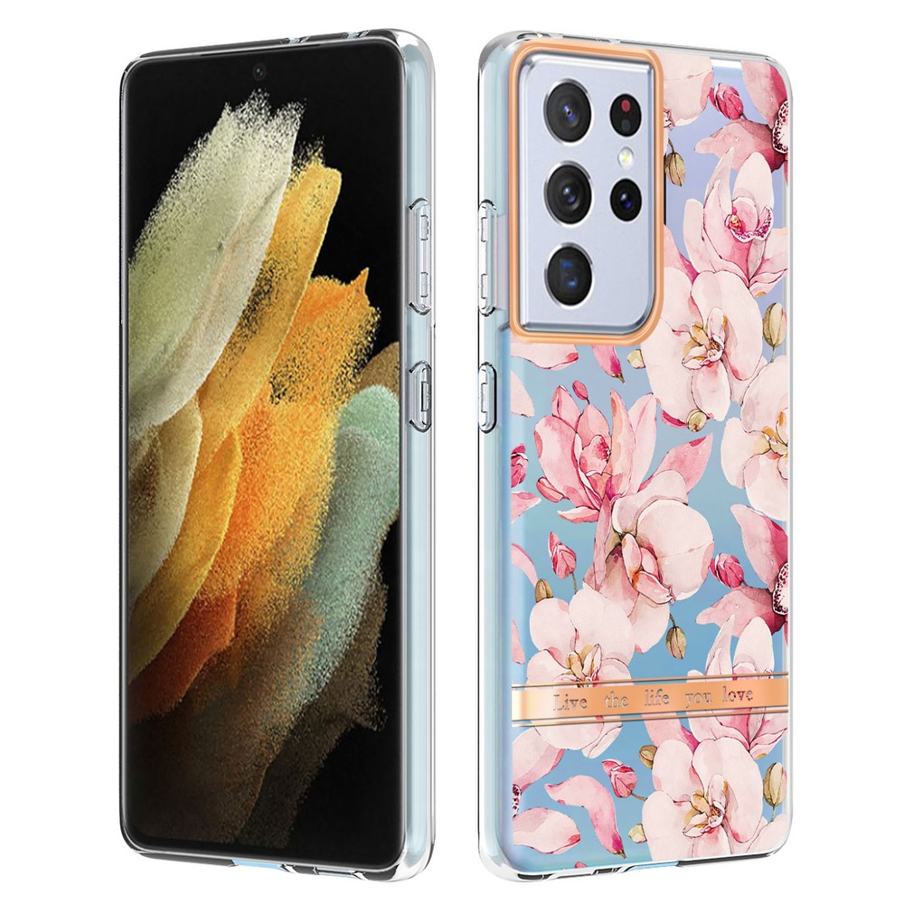 Well-protected Flower Letter Design IML IMD Electroplating Drop-proof TPU Phone Case for Samsung Galaxy S21 Ultra 5G - HC005 Pink Gardenia-1