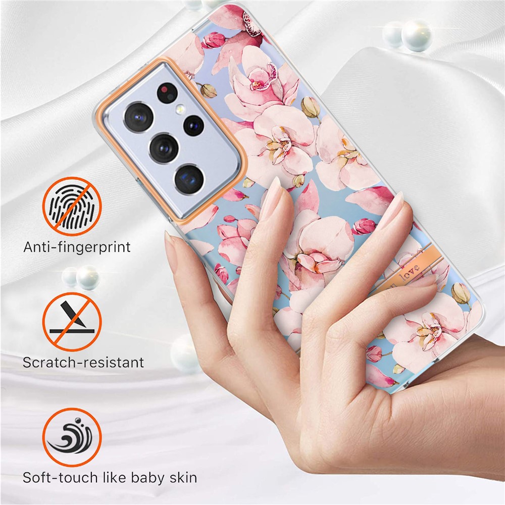 Well-protected Flower Letter Design IML IMD Electroplating Drop-proof TPU Phone Case for Samsung Galaxy S21 Ultra 5G - HC005 Pink Gardenia-2
