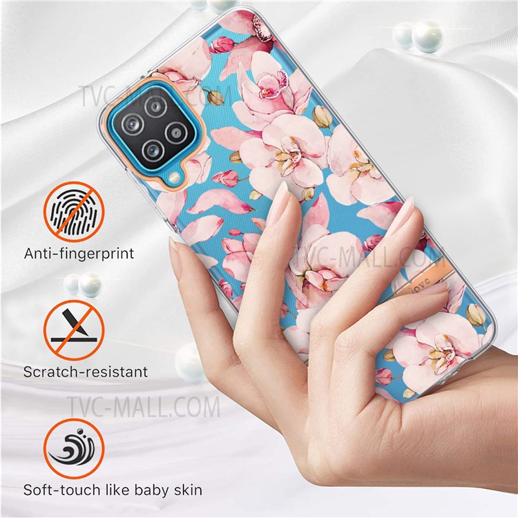 Light Slim Anti-fingerprint Flower Letter Design IML IMD Electroplating Soft TPU Phone Cover for Samsung Galaxy A12 - HC005 Pink Gardenia-2