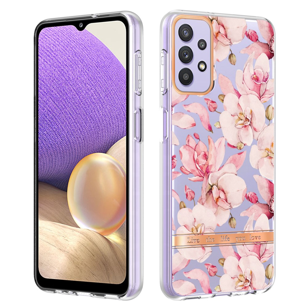 Slim Drop-proof Flower Letter Design IML IMD Electroplating Soft TPU Phone Case for Samsung Galaxy A32 5G - HC005 Pink Gardenia-1