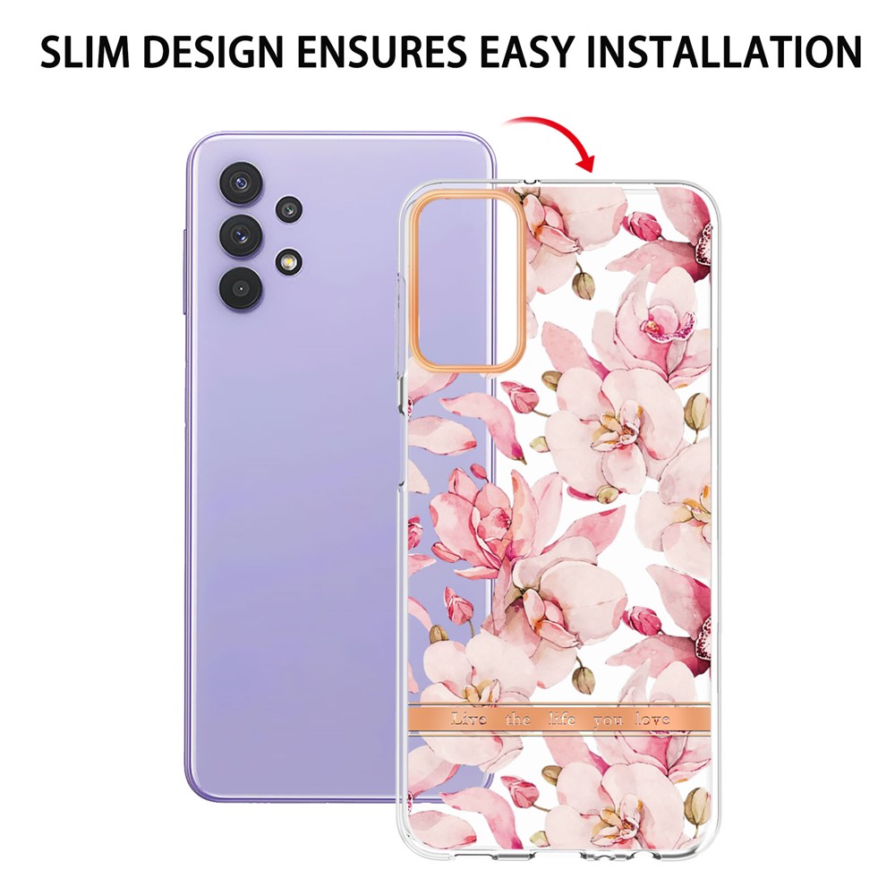 Slim Drop-proof Flower Letter Design IML IMD Electroplating Soft TPU Phone Case for Samsung Galaxy A32 5G - HC005 Pink Gardenia-5