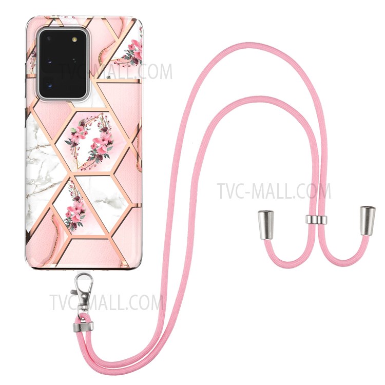 IMD IML TPU Phone Shell with Marble Flower Pattern Electroplating Soft Case + Shoulder Strap for Samsung Galaxy S20 Ultra - Pink Flowers-1