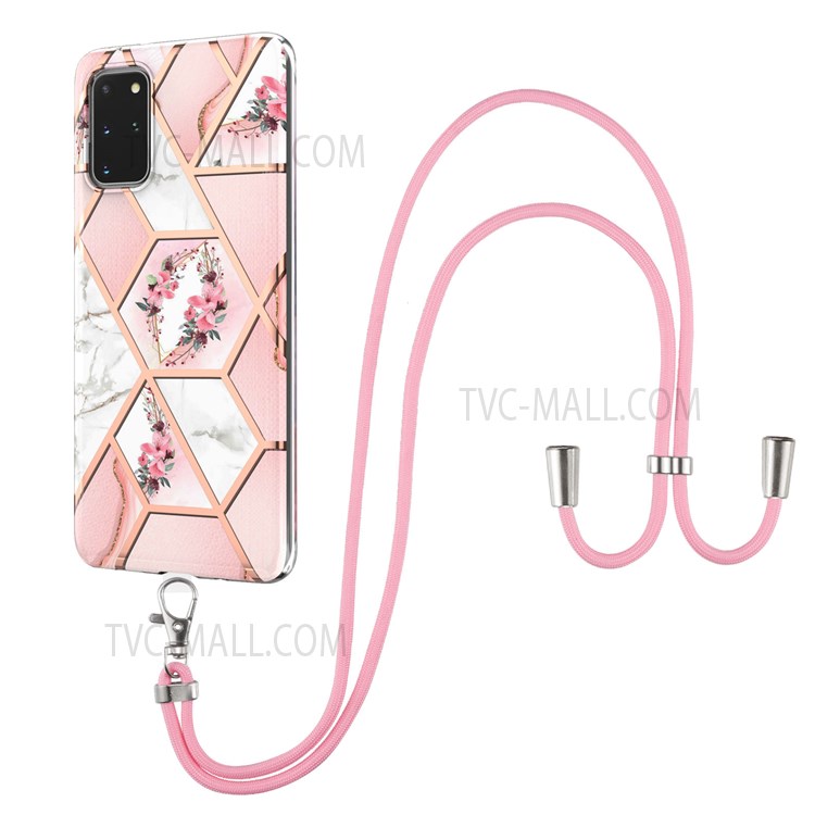 IMD IML TPU Phone Shell Drop-Proof Flexible Electroplating Case with Marble Flower Pattern + Shoulder Strap for Samsung Galaxy S20 Plus - Pink Flowers-1