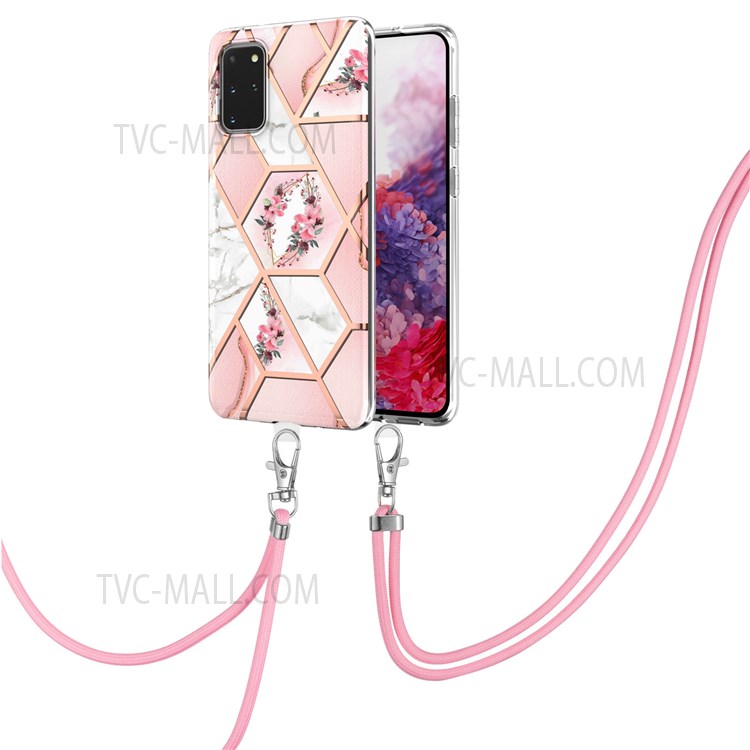 IMD IML TPU Phone Shell Drop-Proof Flexible Electroplating Case with Marble Flower Pattern + Shoulder Strap for Samsung Galaxy S20 Plus - Pink Flowers-2