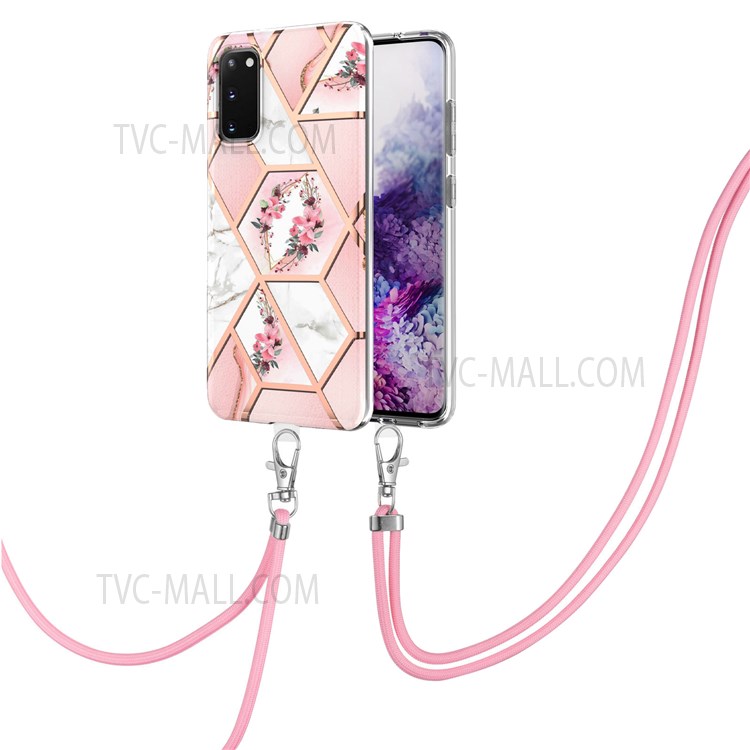 IMD IML TPU Phone Shell Electroplating Flexible Case with Marble Flower Pattern + Long Lanyard for Samsung Galaxy S20 - Pink Flowers-2