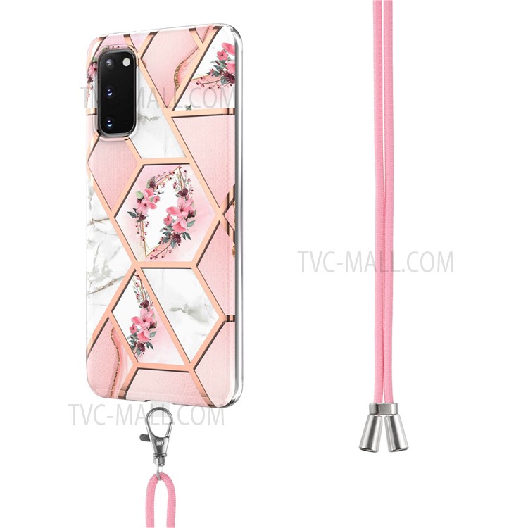 IMD IML TPU Phone Shell Electroplating Flexible Case with Marble Flower Pattern + Long Lanyard for Samsung Galaxy S20 - Pink Flowers-3