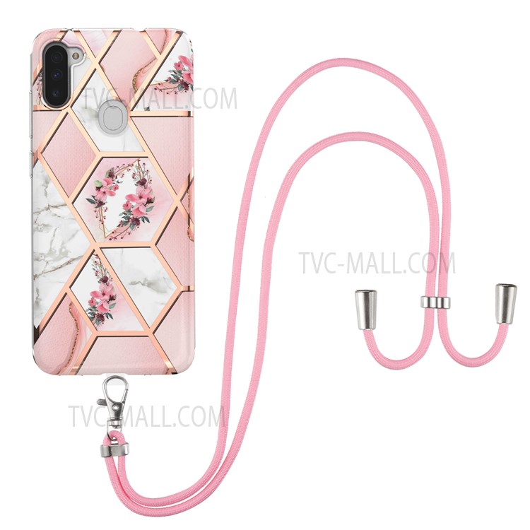 IMD IML TPU Phone Shell with Marble Flower Pattern Scratch-Resistant Electroplating Soft Case + Shoulder Strap for Samsung Galaxy A11 (EU Version)/M11 - Pink Flowers-1