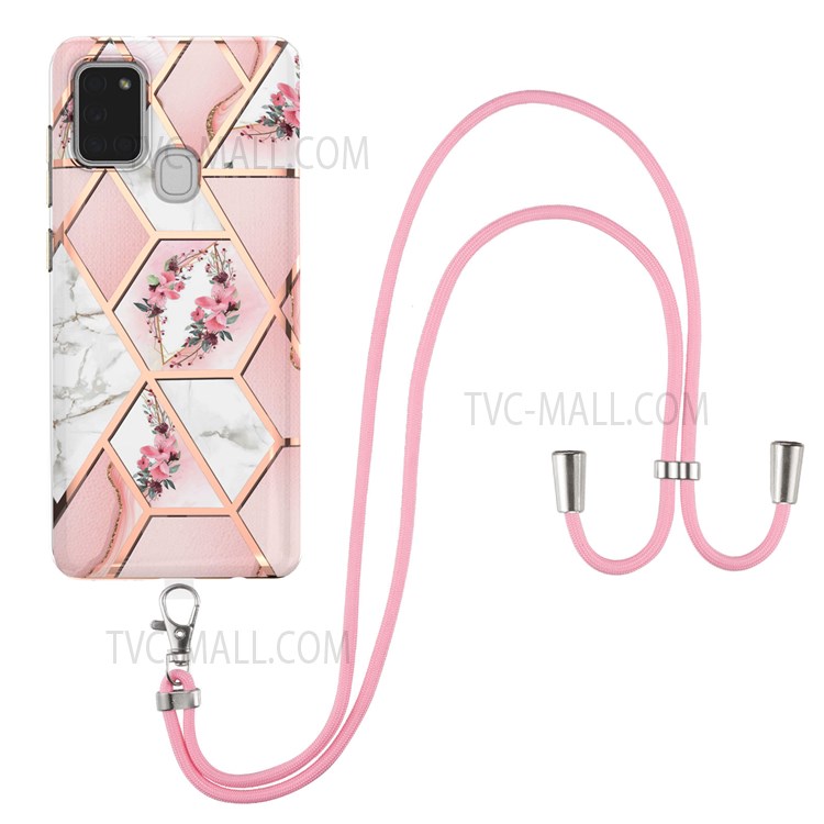 Electroplating Soft TPU Phone Shell with IMD IML Marble Flower Pattern Drop-Resistant Phone Case + Shoulder Strap for Samsung Galaxy A21s - Pink Flowers-1