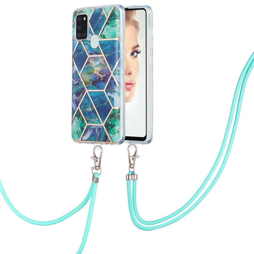 IMD TPU Phone Cover Splicing Marble Pattern Electroplating 2.0mm Flexible Case + Lanyard for Samsung Galaxy A21s - Blue/Green-2