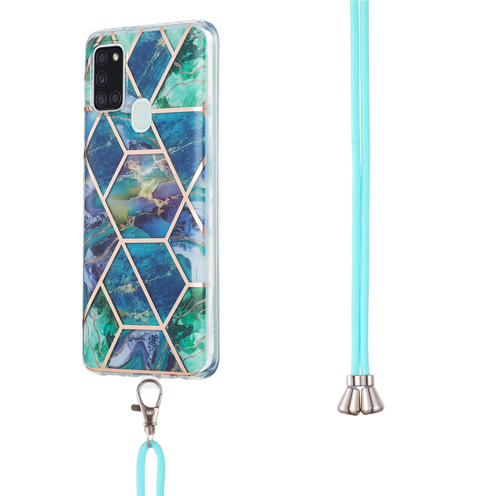 IMD TPU Phone Cover Splicing Marble Pattern Electroplating 2.0mm Flexible Case + Lanyard for Samsung Galaxy A21s - Blue/Green-3