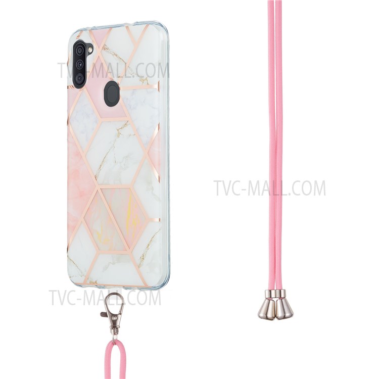 2.0mm IMD TPU Phone Cover Splicing Marble Pattern + Lanyard Non-Yellowing Electroplating Case for Samsung Galaxy A11 (EU Version)/M11 - Pink/White-3