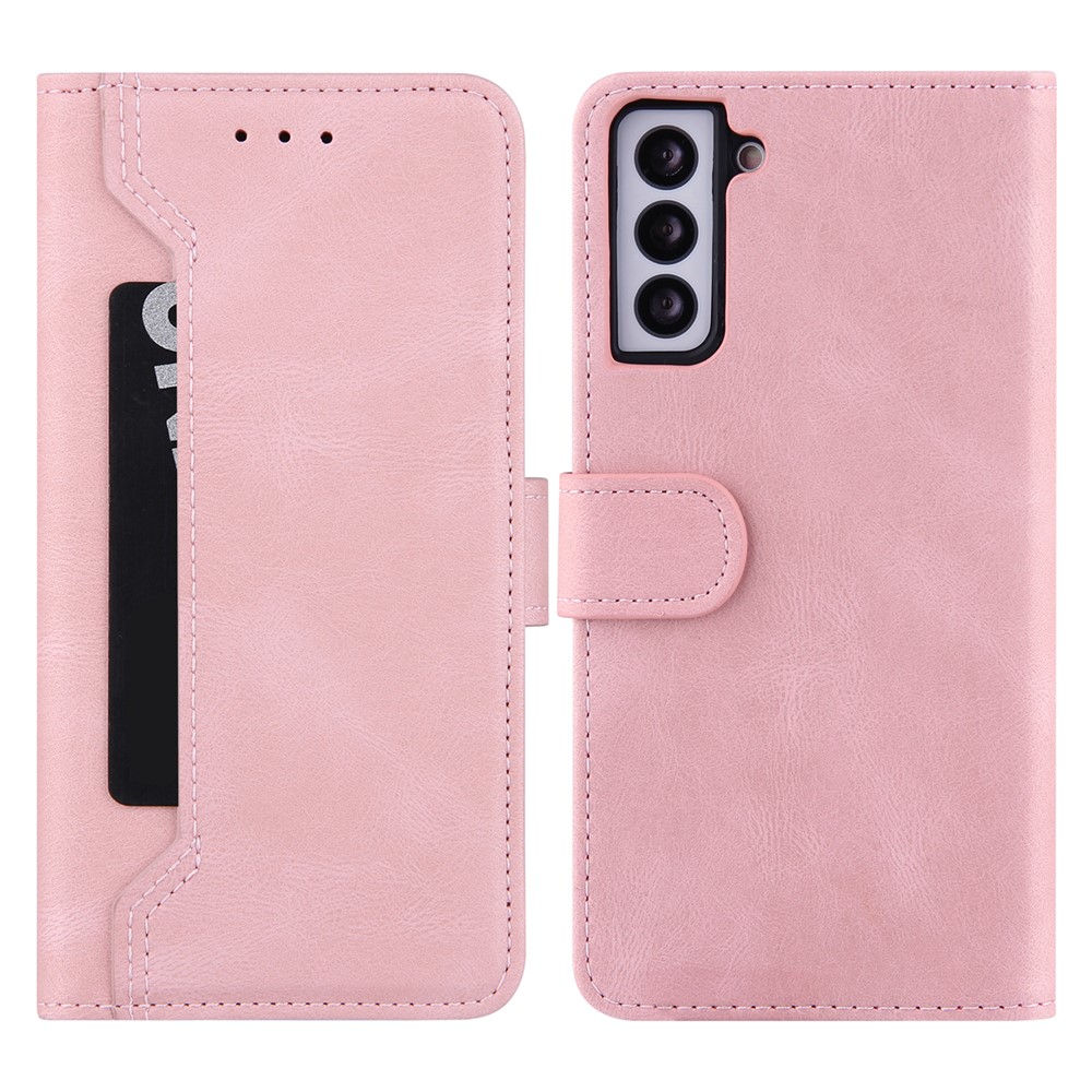 Stitching Design PU Leather+TPU Cover Magnetic Clasp Stand Wallet Phone Case for Samsung Galaxy S22 - Pink-1