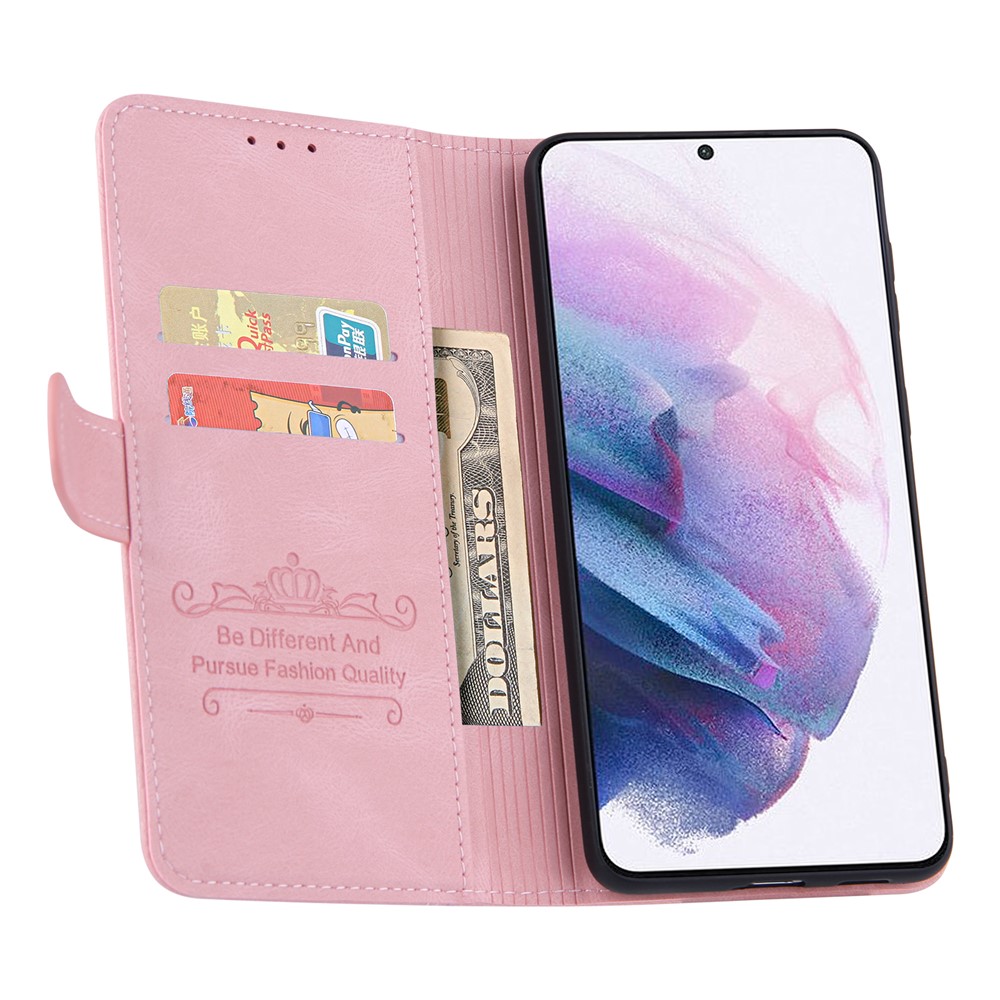 Stitching Design PU Leather+TPU Cover Magnetic Clasp Stand Wallet Phone Case for Samsung Galaxy S22 - Pink-4
