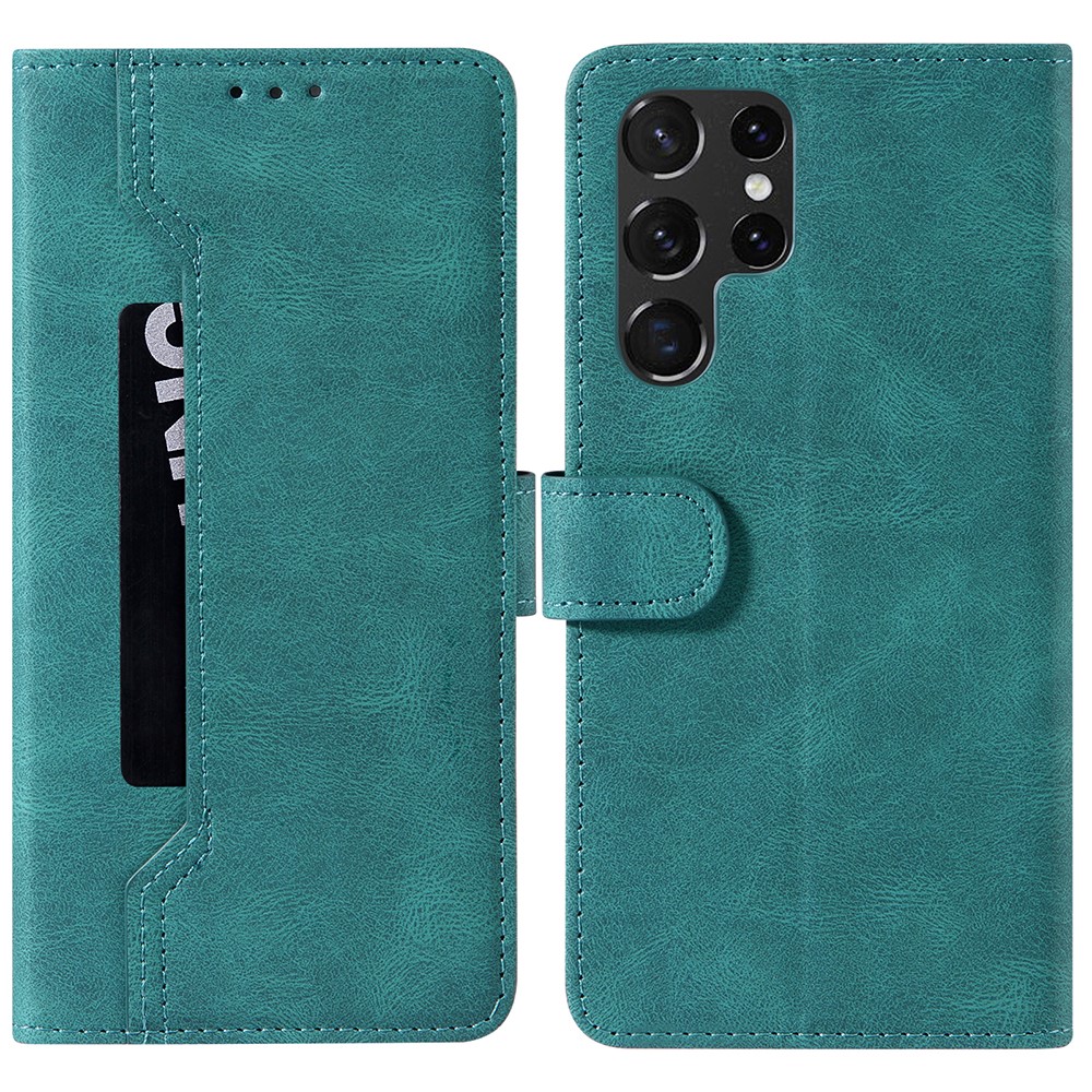 Stand Wallet Folio Flip Stitching Protective Leather Phone Case Shell for Samsung Galaxy S22 Ultra - Green-1
