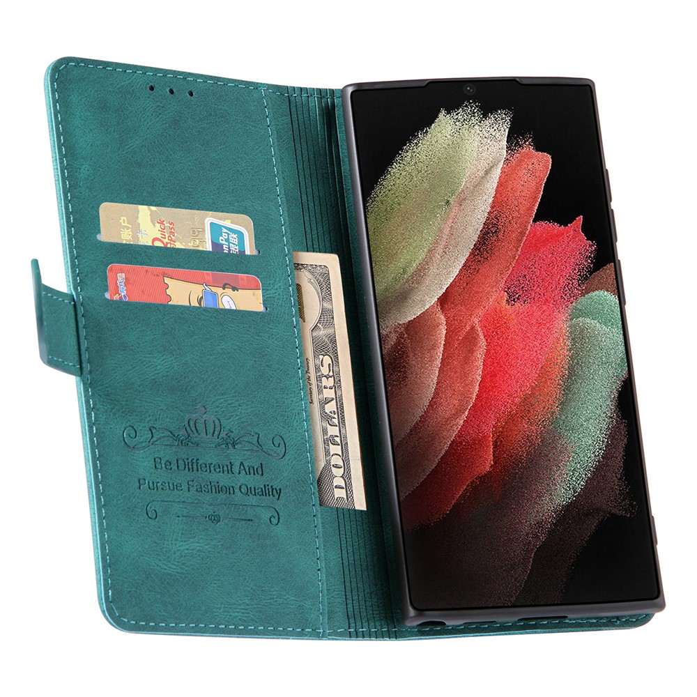 Stand Wallet Folio Flip Stitching Protective Leather Phone Case Shell for Samsung Galaxy S22 Ultra - Green-4