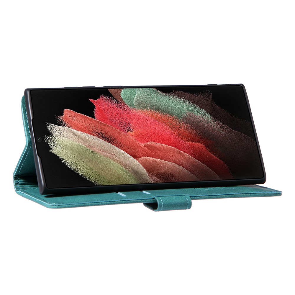 Stand Wallet Folio Flip Stitching Protective Leather Phone Case Shell for Samsung Galaxy S22 Ultra - Green-5