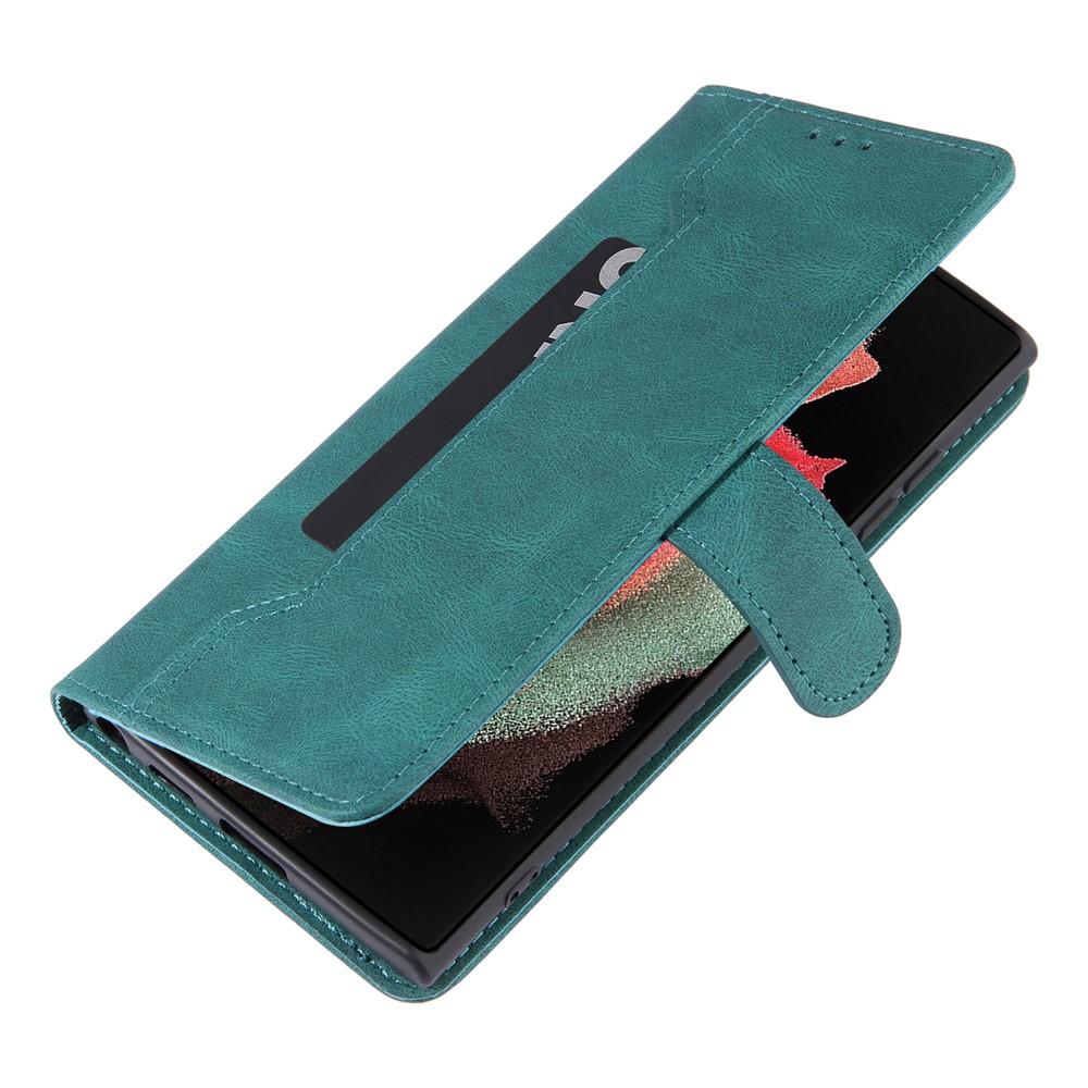 Stand Wallet Folio Flip Stitching Protective Leather Phone Case Shell for Samsung Galaxy S22 Ultra - Green-6