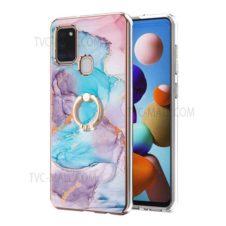 IMD Marble Pattern Soft TPU Protective Phone Case Cover with Rotatable Ring Holder Kickstand for Samsung Galaxy A21s - Milky Way Marble Blue-2