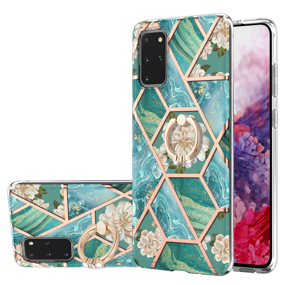 Marble Pattern Design Scratch Resistant Soft TPU IMD Protective Case with Ring Kickstand for Samsung Galaxy S20 Plus 4G/5G - Blue Flowers-1