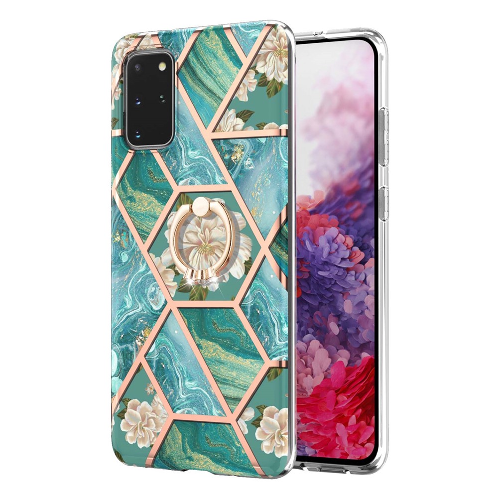 Marble Pattern Design Scratch Resistant Soft TPU IMD Protective Case with Ring Kickstand for Samsung Galaxy S20 Plus 4G/5G - Blue Flowers-2