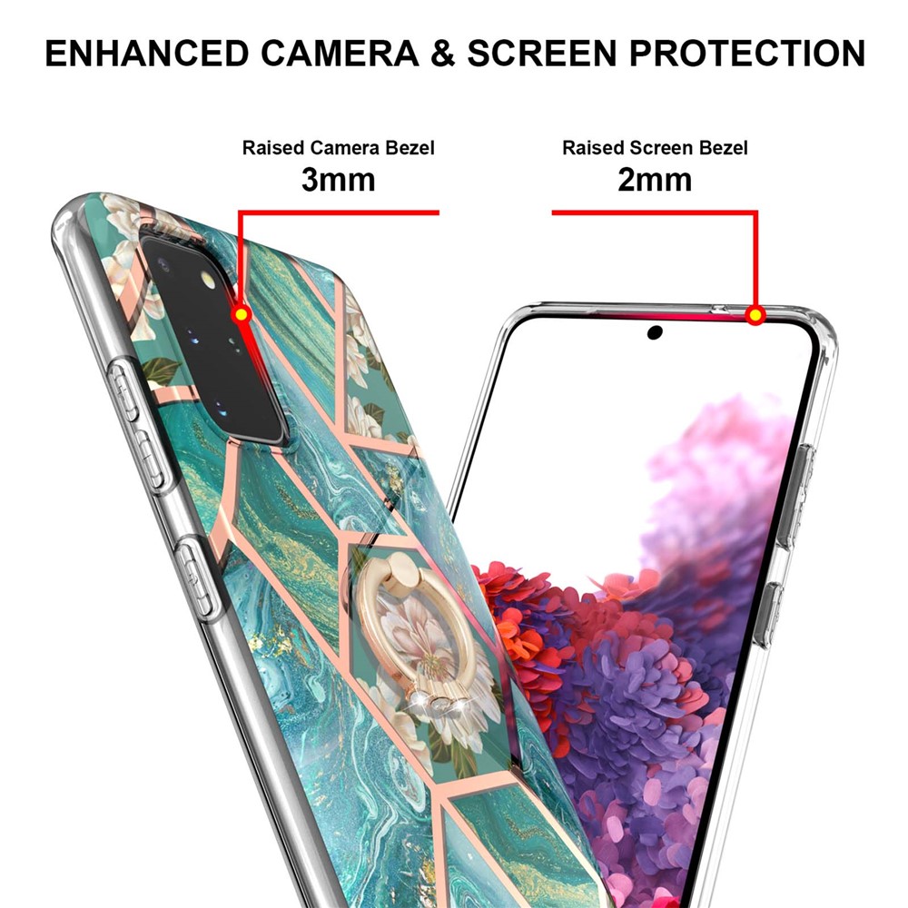 Marble Pattern Design Scratch Resistant Soft TPU IMD Protective Case with Ring Kickstand for Samsung Galaxy S20 Plus 4G/5G - Blue Flowers-3
