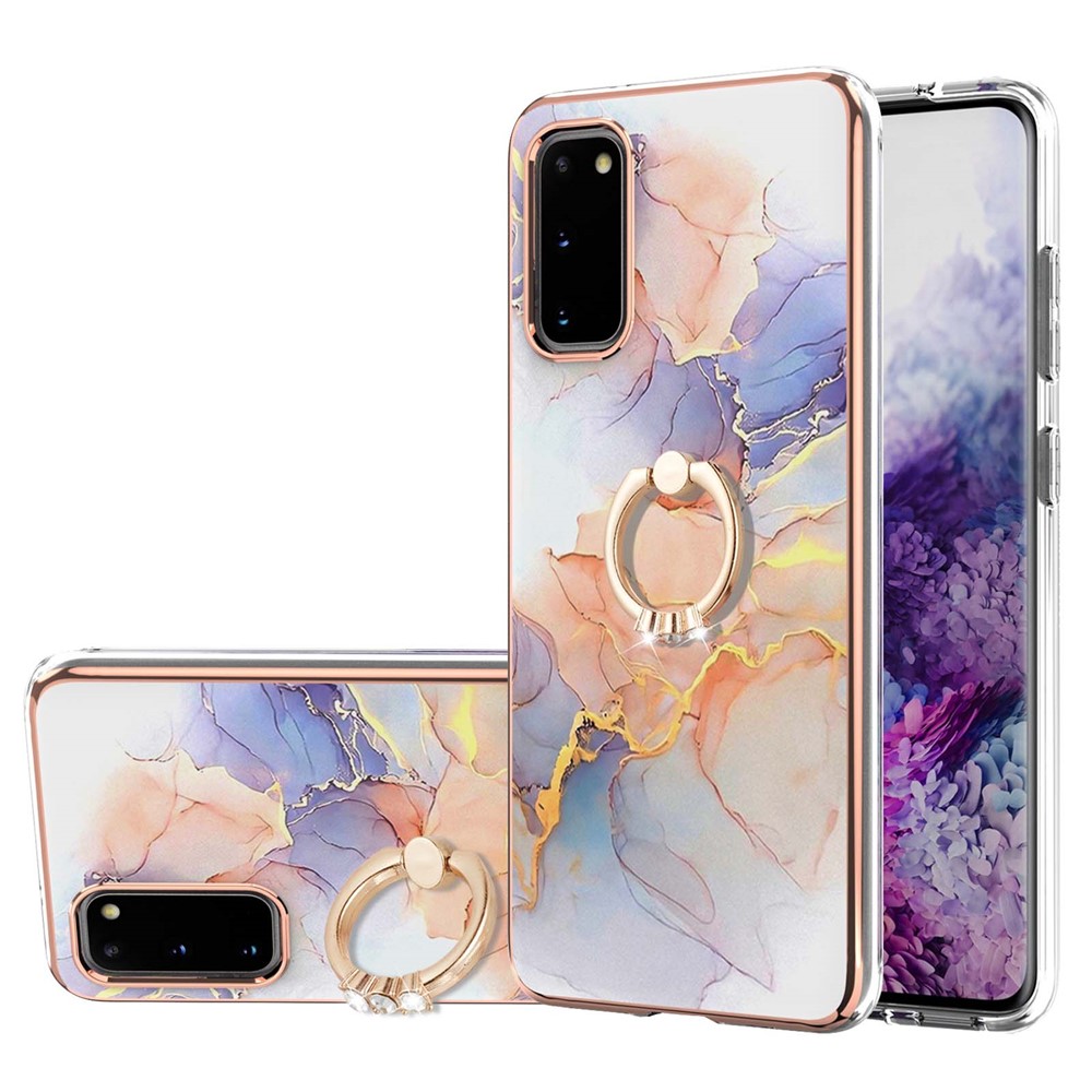 Ring Holder Kickstand Marble Pattern Shockproof TPU IMD Protective Case for Samsung Galaxy S20 - Milky Way Marble White-1