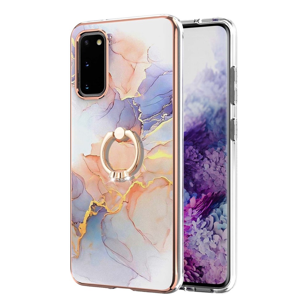 Ring Holder Kickstand Marble Pattern Shockproof TPU IMD Protective Case for Samsung Galaxy S20 - Milky Way Marble White-2