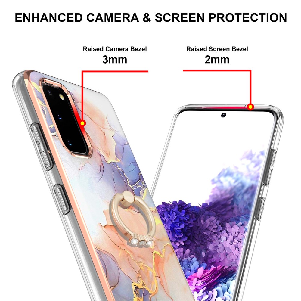 Ring Holder Kickstand Marble Pattern Shockproof TPU IMD Protective Case for Samsung Galaxy S20 - Milky Way Marble White-3