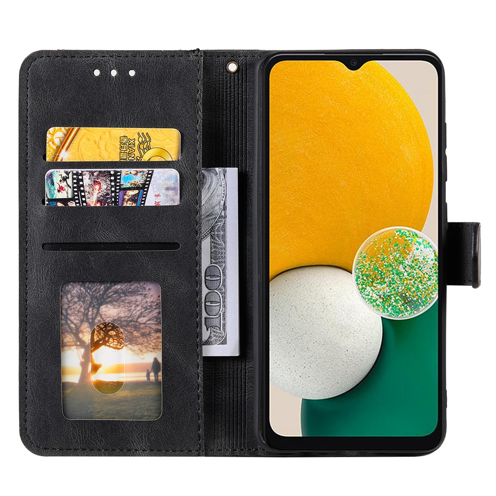 Wrist Strap Protective Cover Splicing PU Leather and TPU Phone Flip Case Stitching Skin-touch Stand Wallet for Samsung Galaxy A13 5G - Black-5