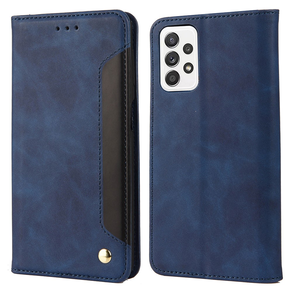 Anti-fingerprint Phone Stand Cover Shockproof Wallet Phone Case Splicing Leather Shell for Samsung Galaxy A33 - Blue-1