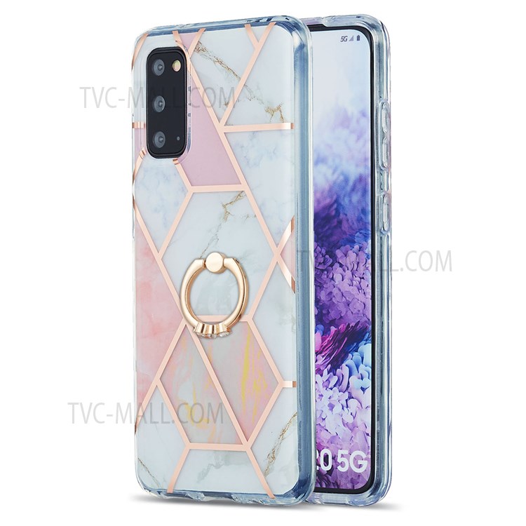 2.0mm TPU Phone Kickstand Cover IMD IML Anti-Fade Electroplating Marble Pattern Case for Samsung Galaxy S20 - Pink/White-1