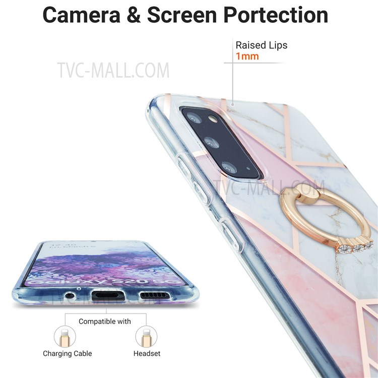 2.0mm TPU Phone Kickstand Cover IMD IML Anti-Fade Electroplating Marble Pattern Case for Samsung Galaxy S20 - Pink/White-3