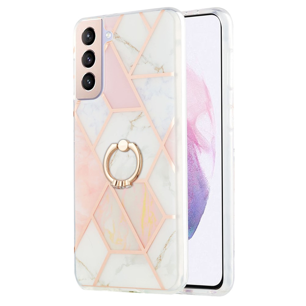 Soft Phone Back Covering Electroplating 2.0mm IMD IML Soft TPU Case Marble Pattern Phone Case with Ring Kickstand for Samsung Galaxy S21+ 5G - Pink/White-1