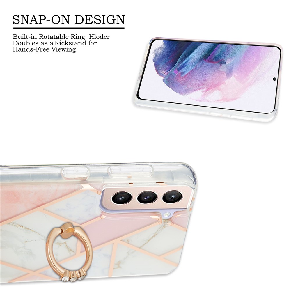 Soft Phone Back Covering Electroplating 2.0mm IMD IML Soft TPU Case Marble Pattern Phone Case with Ring Kickstand for Samsung Galaxy S21+ 5G - Pink/White-2