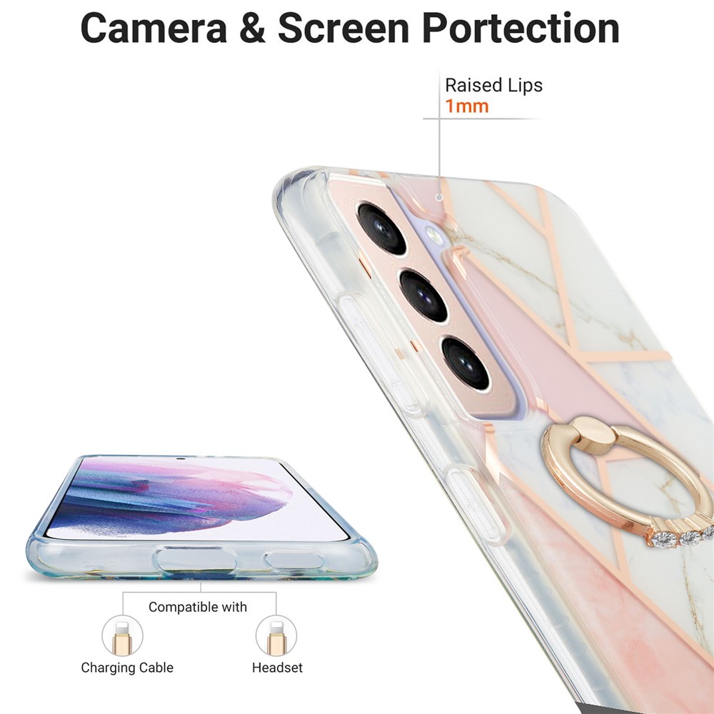 Soft Phone Back Covering Electroplating 2.0mm IMD IML Soft TPU Case Marble Pattern Phone Case with Ring Kickstand for Samsung Galaxy S21+ 5G - Pink/White-3