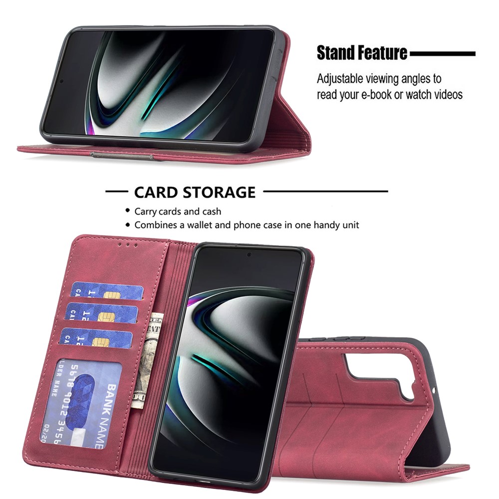 BINFEN COLOR Auto-absorption Phone Flip Cover Anti-dust Phone Case Splicing Leather Wallet Shell for Samsung Galaxy S22 Plus - Red-2