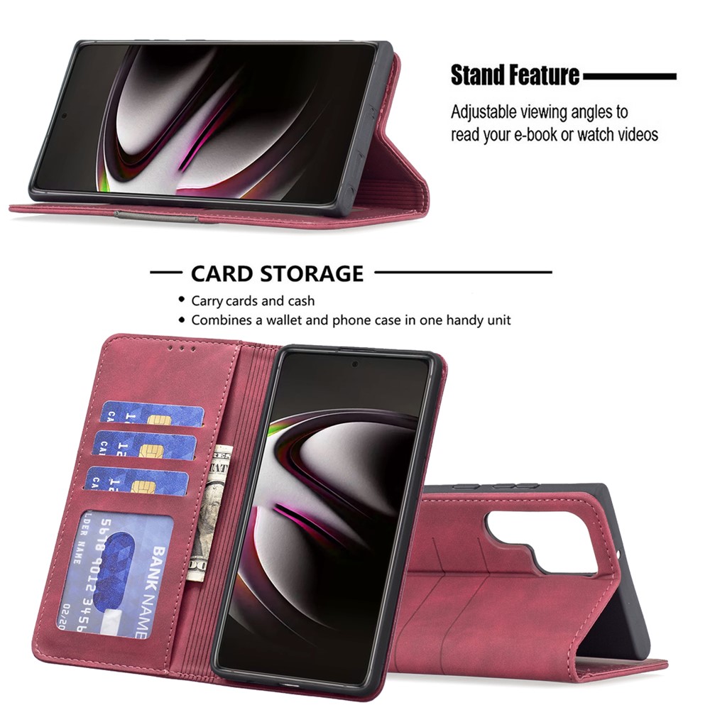BINFEN COLOR Supporting Stand Wallet Shockproof Phone Cover Anti-dust Mobile Phone Case Splicing Leather Shell for Samsung Galaxy S22 Ultra - Red-2