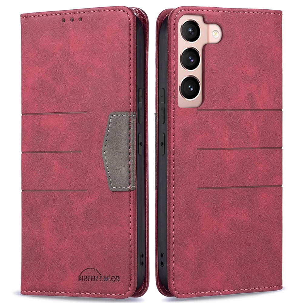 BINFEN COLOR Shockproof Phone Cover Anti-dust Phone Case Wallet Splicing PU Leather Shell for Samsung Galaxy S22 - Red-1