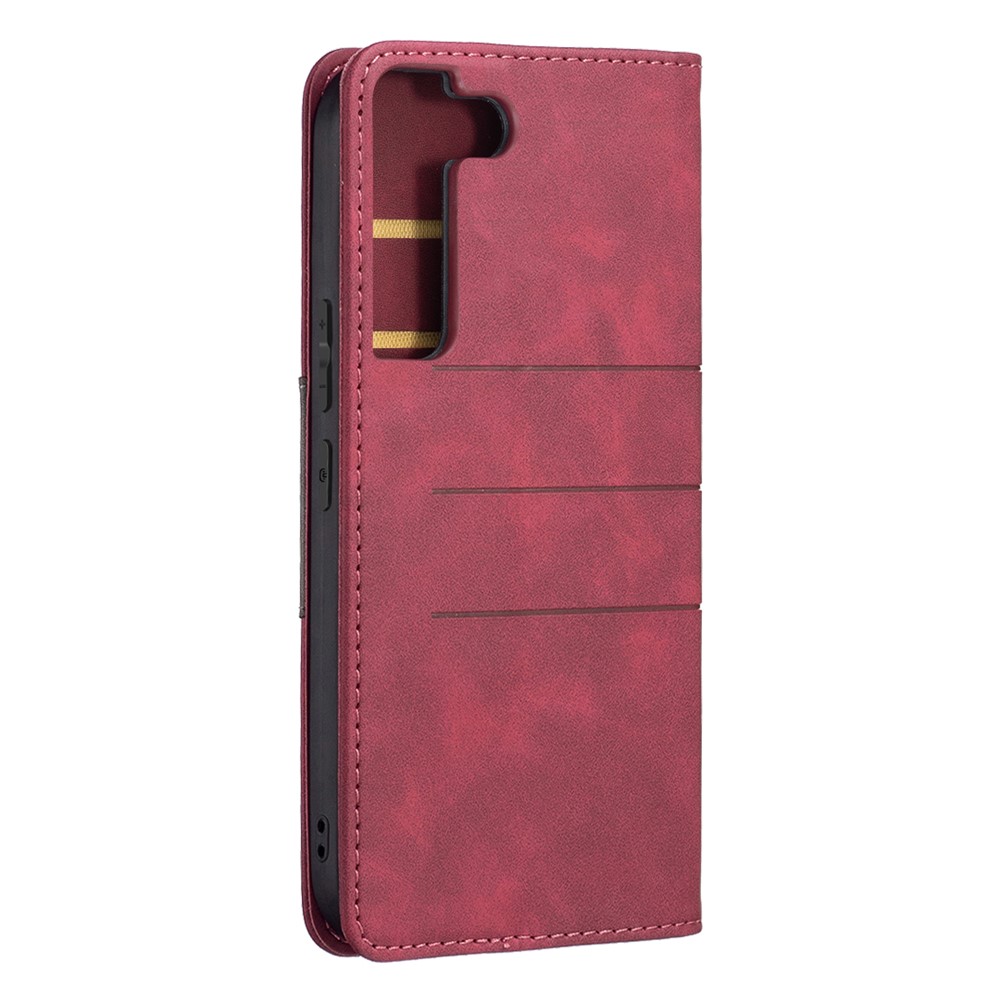BINFEN COLOR Shockproof Phone Cover Anti-dust Phone Case Wallet Splicing PU Leather Shell for Samsung Galaxy S22 - Red-5