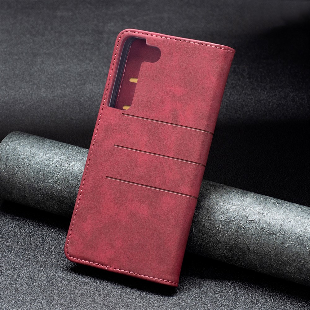 BINFEN COLOR Shockproof Phone Cover Anti-dust Phone Case Wallet Splicing PU Leather Shell for Samsung Galaxy S22 - Red-7