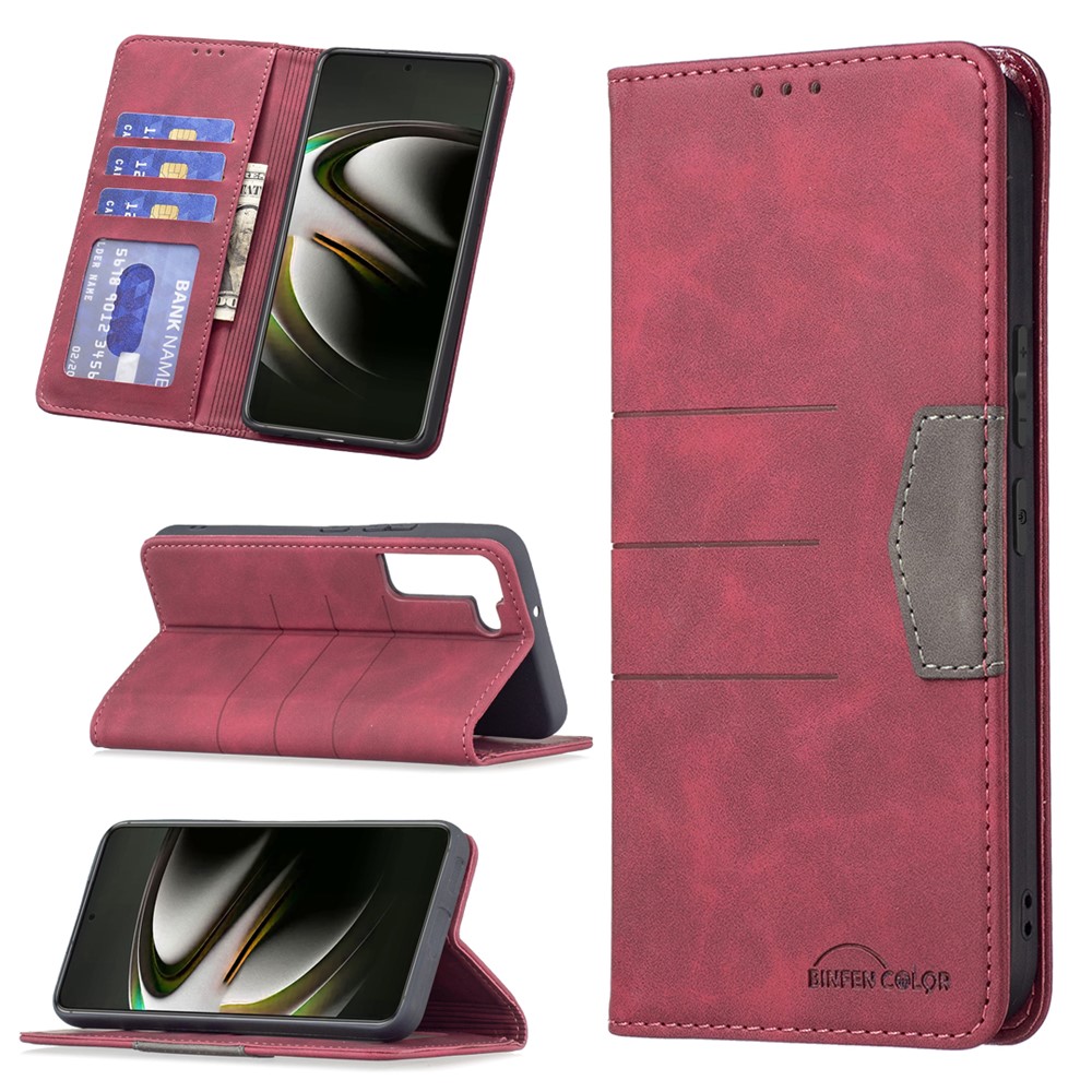 BINFEN COLOR Shockproof Phone Cover Anti-dust Phone Case Wallet Splicing PU Leather Shell for Samsung Galaxy S22 - Red-8