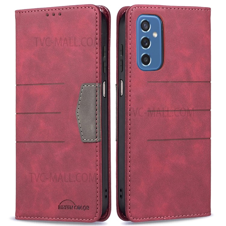 BINFEN COLOR PU Leather and Soft TPU Phone Case Anti-scratch Phone Flip Cover Auto-absorption Anti-dust Splicing Wallet for Samsung Galaxy M52 5G - Red-1