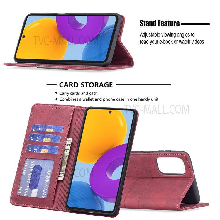BINFEN COLOR PU Leather and Soft TPU Phone Case Anti-scratch Phone Flip Cover Auto-absorption Anti-dust Splicing Wallet for Samsung Galaxy M52 5G - Red-2