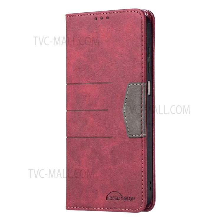 BINFEN COLOR PU Leather and Soft TPU Phone Case Anti-scratch Phone Flip Cover Auto-absorption Anti-dust Splicing Wallet for Samsung Galaxy M52 5G - Red-4