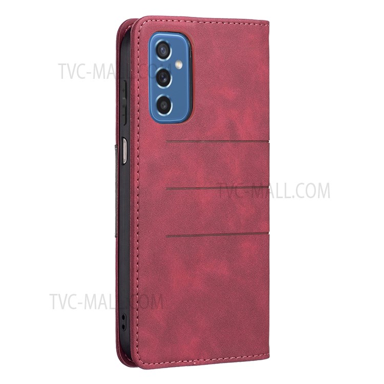 BINFEN COLOR PU Leather and Soft TPU Phone Case Anti-scratch Phone Flip Cover Auto-absorption Anti-dust Splicing Wallet for Samsung Galaxy M52 5G - Red-5