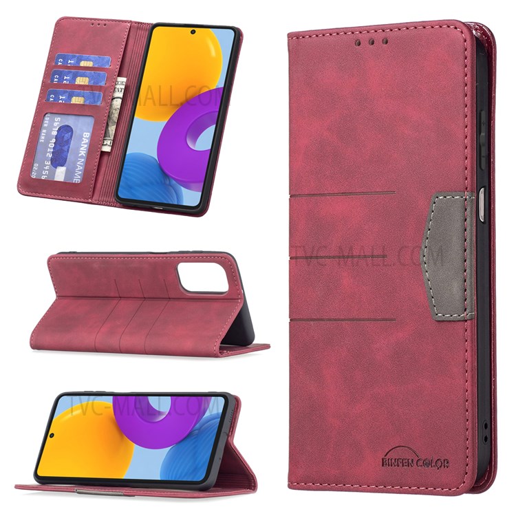 BINFEN COLOR PU Leather and Soft TPU Phone Case Anti-scratch Phone Flip Cover Auto-absorption Anti-dust Splicing Wallet for Samsung Galaxy M52 5G - Red-8